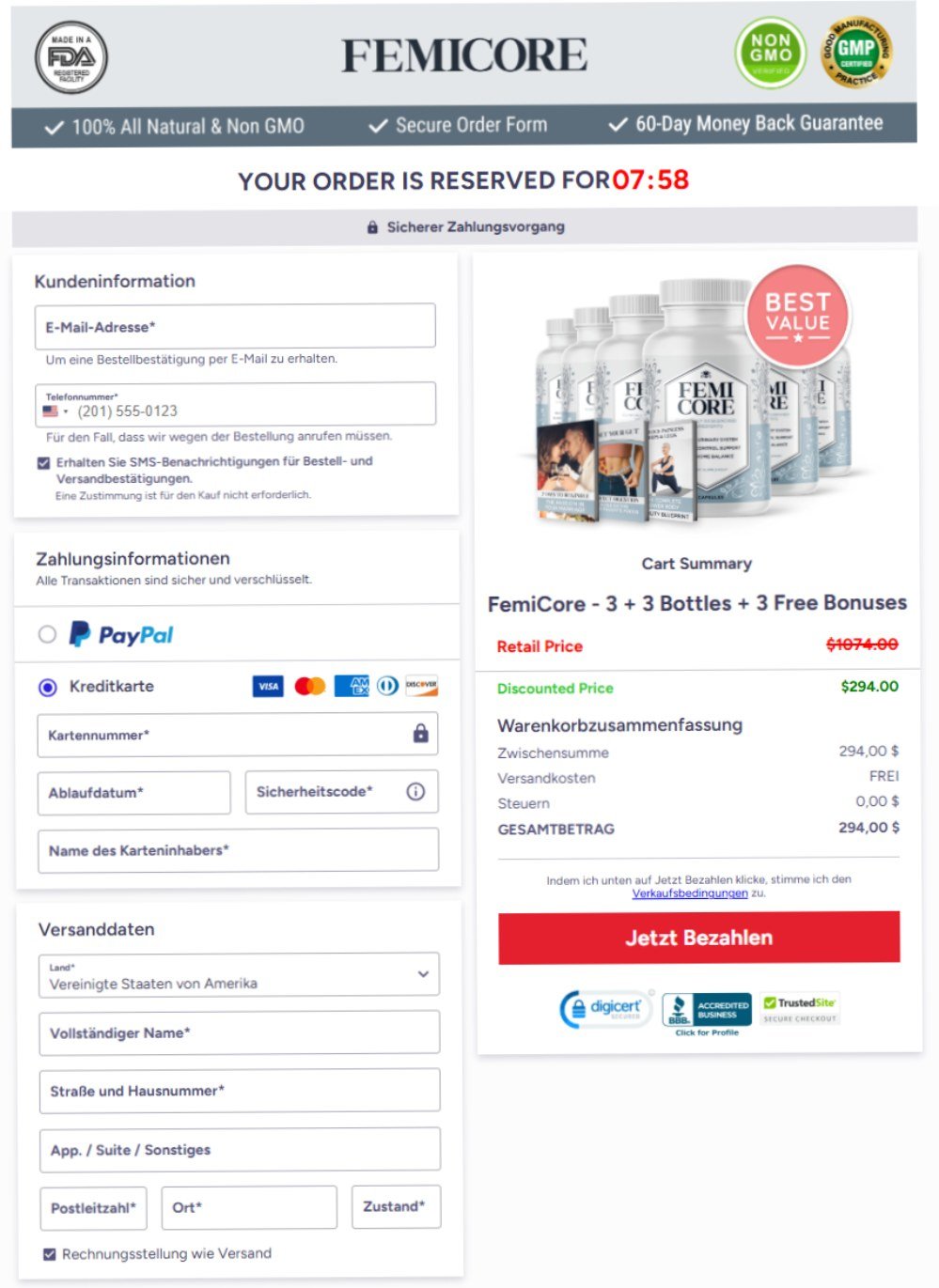 Secure online checkout payment page for FemiCore order